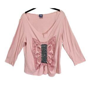 Cruel Girl Sz XL Ribbed WesternPink Ruched Sequin Off Shoulder 3/4 Sleeve Top